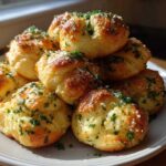 A stack of golden brown Air Fryer Garlic Knots topped with melted butter, parsley, and Parmesan cheese.