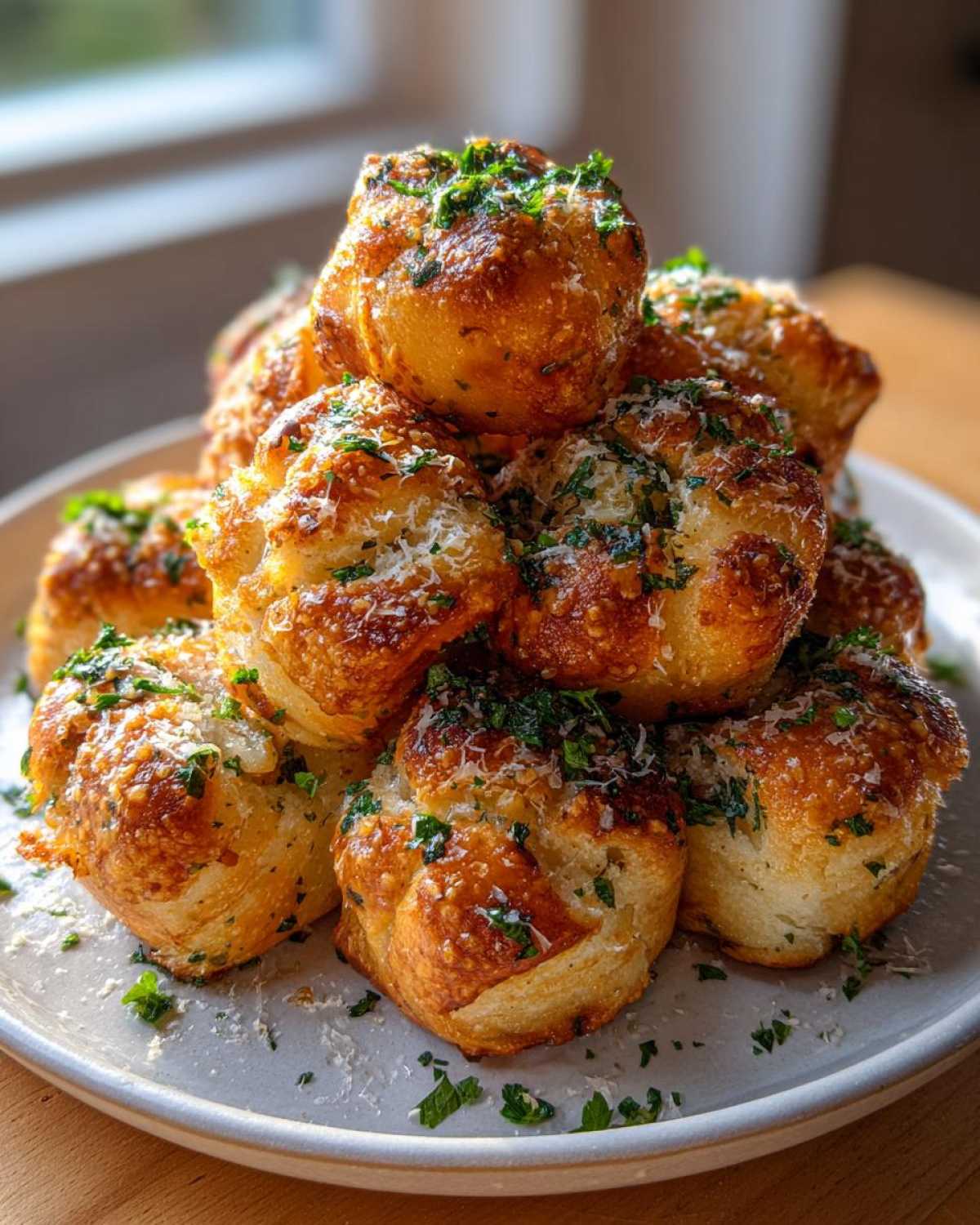 A stack of golden brown Air Fryer Garlic Knots topped with melted butter, grated Parmesan, and fresh parsley.