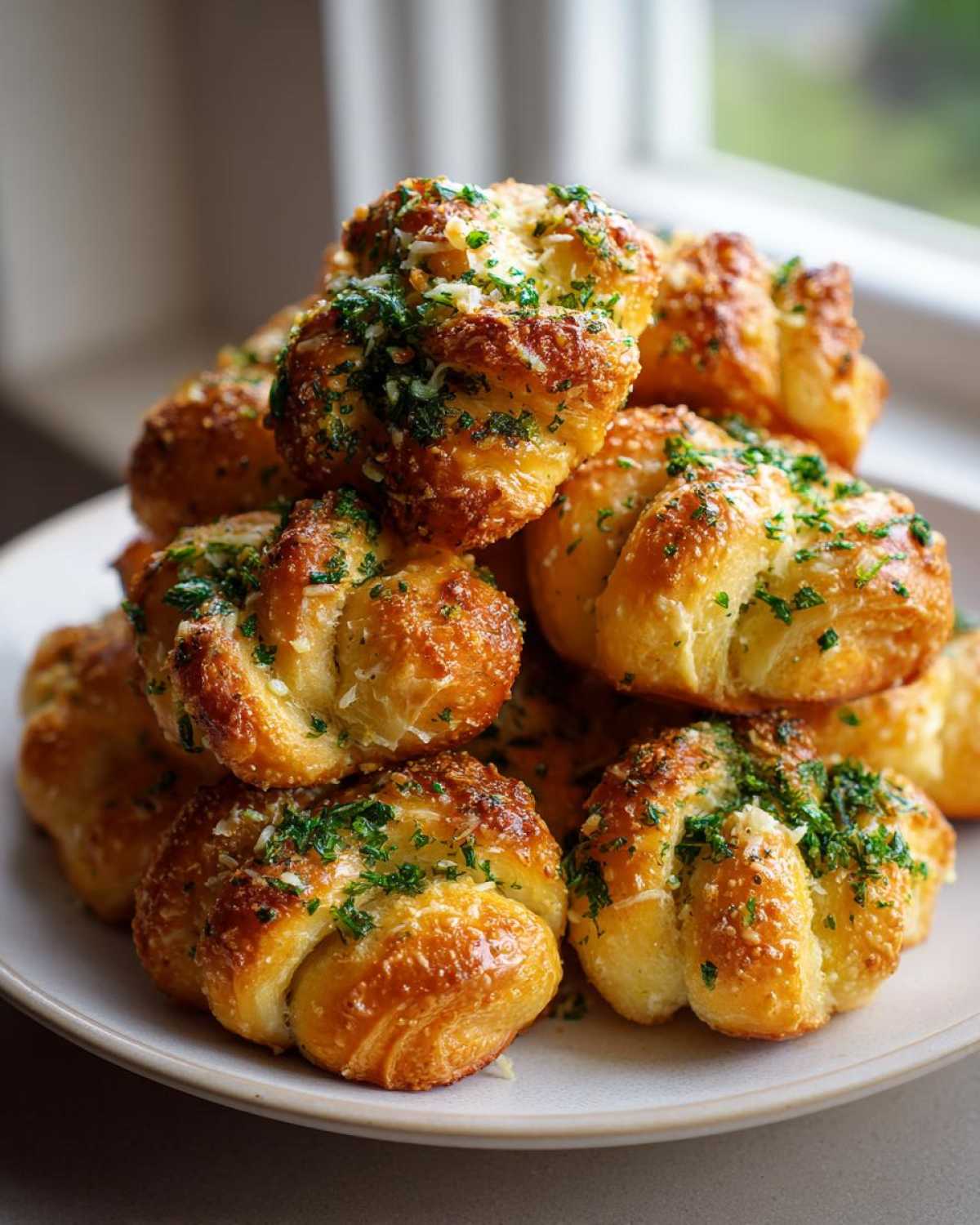 A stack of golden, freshly baked Air Fryer Garlic Knots topped with melted cheese and fresh parsley.