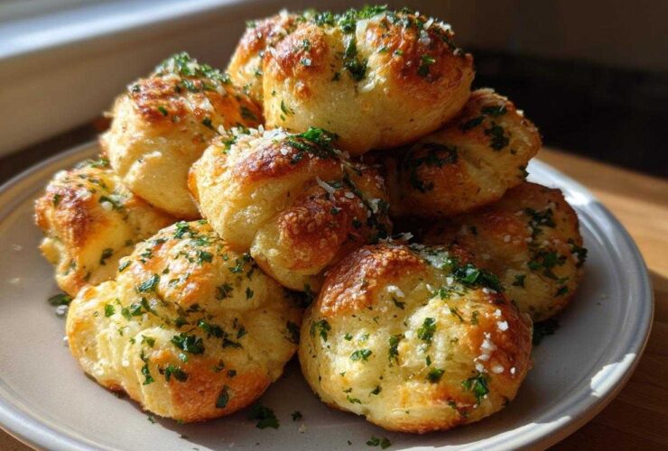 A stack of golden brown Air Fryer Garlic Knots topped with melted butter, parsley, and Parmesan cheese.