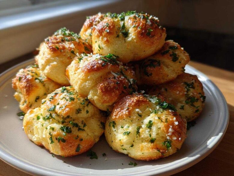 A stack of golden brown Air Fryer Garlic Knots topped with melted butter, parsley, and Parmesan cheese.