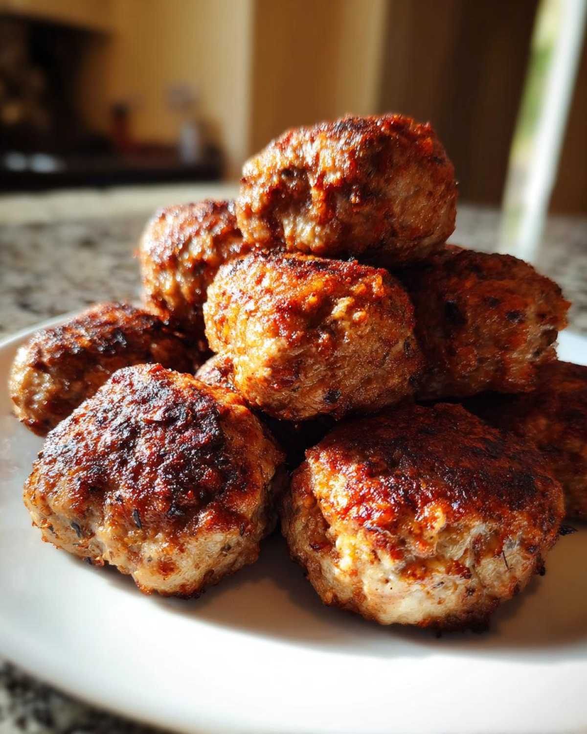 A close-up stack of golden-brown, perfectly cooked Air Fryer Italian Meatballs resting on a white plate.
