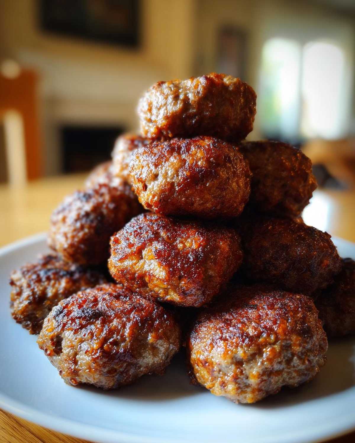 A stack of perfectly browned Air Fryer Italian Meatballs piled high on a white plate.