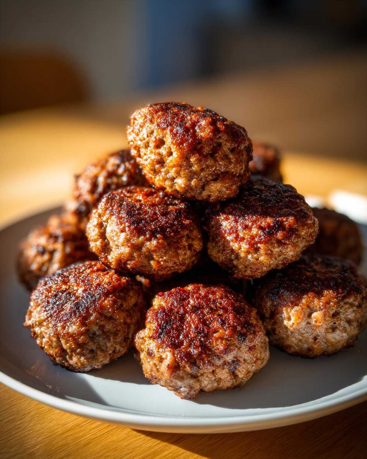 A stack of browned, juicy Air Fryer Italian Meatballs on a light gray plate, highlighted by warm sunlight.