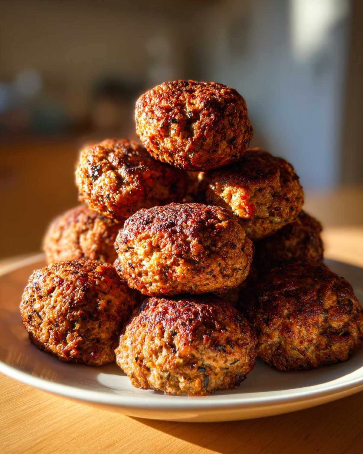 A stack of golden-brown, perfectly cooked Air Fryer Italian Meatballs resting on a white plate.