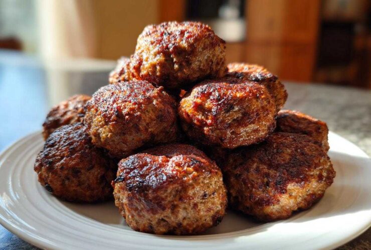 A mound of golden-brown, perfectly cooked Air Fryer Italian Meatballs stacked high on a white plate.