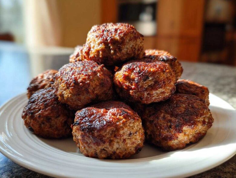 A mound of golden-brown, perfectly cooked Air Fryer Italian Meatballs stacked high on a white plate.