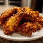 A close-up of crispy, golden-brown Air Fryer Lemon Pepper Wings piled high on a white plate.