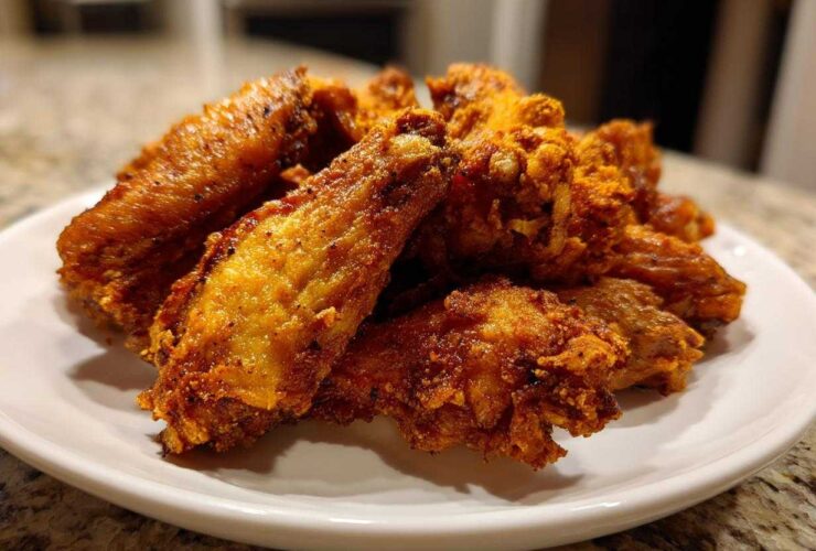 A close-up of crispy, golden-brown Air Fryer Lemon Pepper Wings piled high on a white plate.