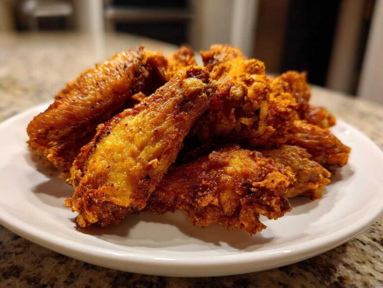 A close-up of crispy, golden-brown Air Fryer Lemon Pepper Wings piled high on a white plate.