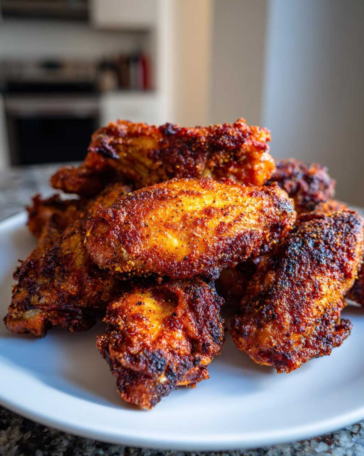 A pile of perfectly cooked, crispy Air Fryer Lemon Pepper Wings seasoned with a dark, savory rub, served on a white plate.