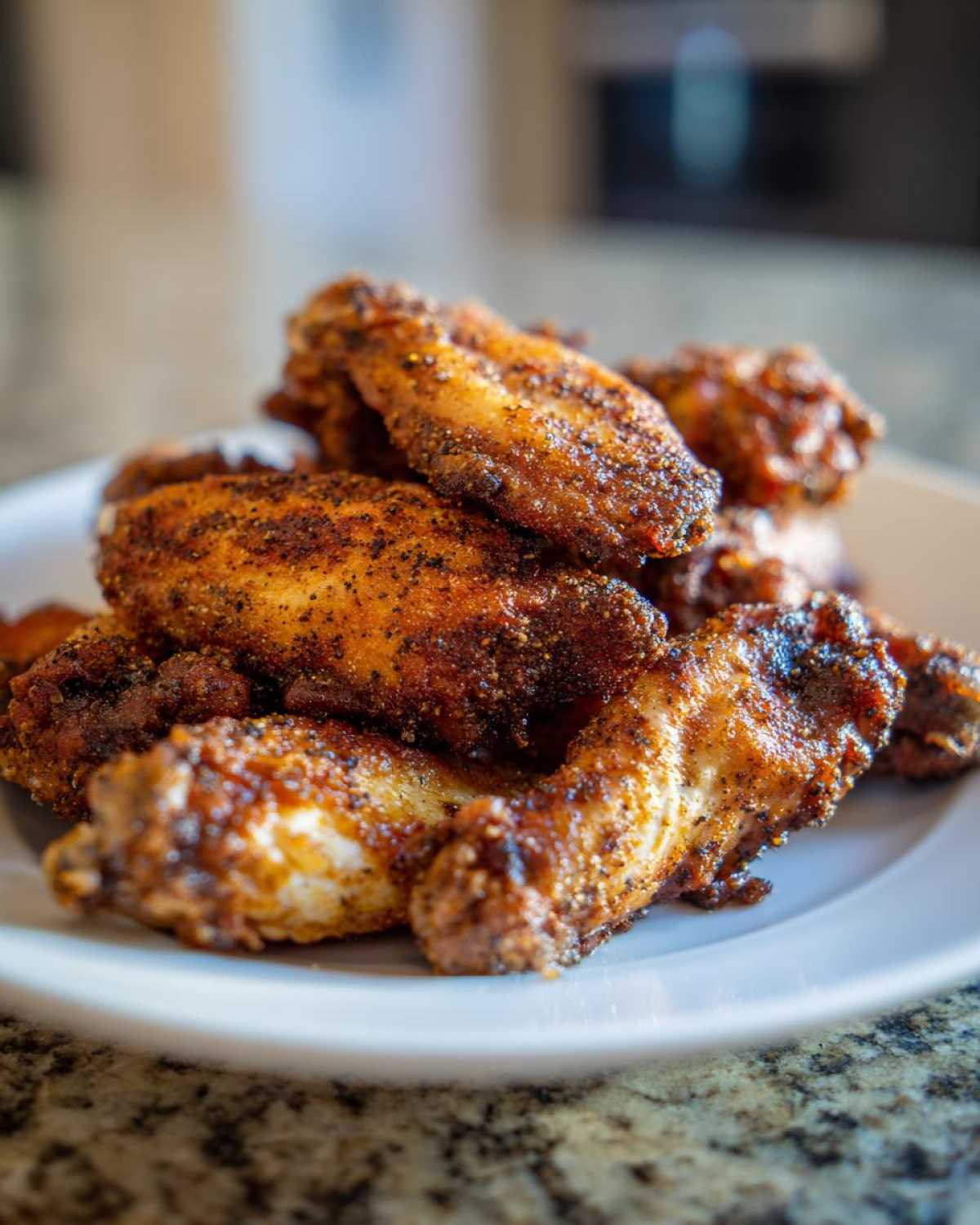 A close-up stack of crispy Air Fryer Lemon Pepper Wings coated in seasoning on a white plate.