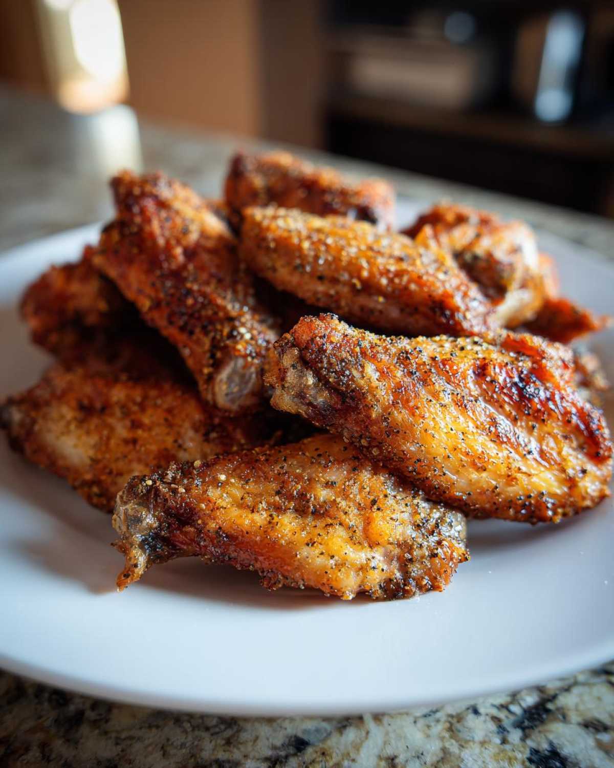 A pile of crispy, seasoned Air Fryer Lemon Pepper Wings served on a white plate.