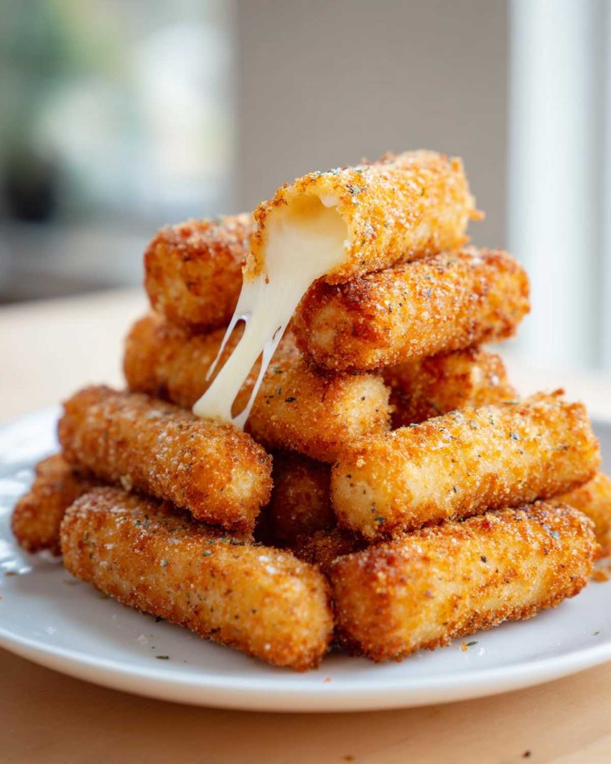 A tall stack of golden brown Air Fryer Mozzarella Sticks with one stick pulled apart showing melted, stretching cheese.