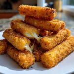 A stack of crispy, golden Air Fryer Mozzarella Sticks with melted cheese stretching between them.