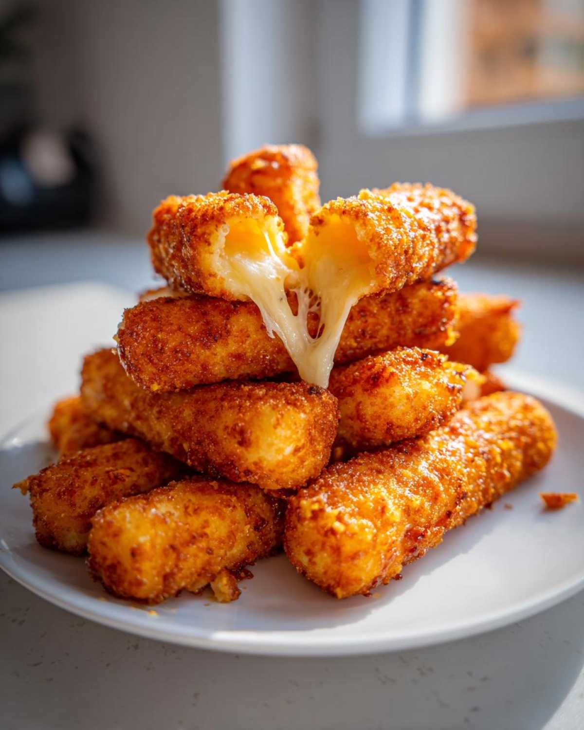 A stack of golden brown Air Fryer Mozzarella Sticks with one broken open showing a dramatic cheese pull.