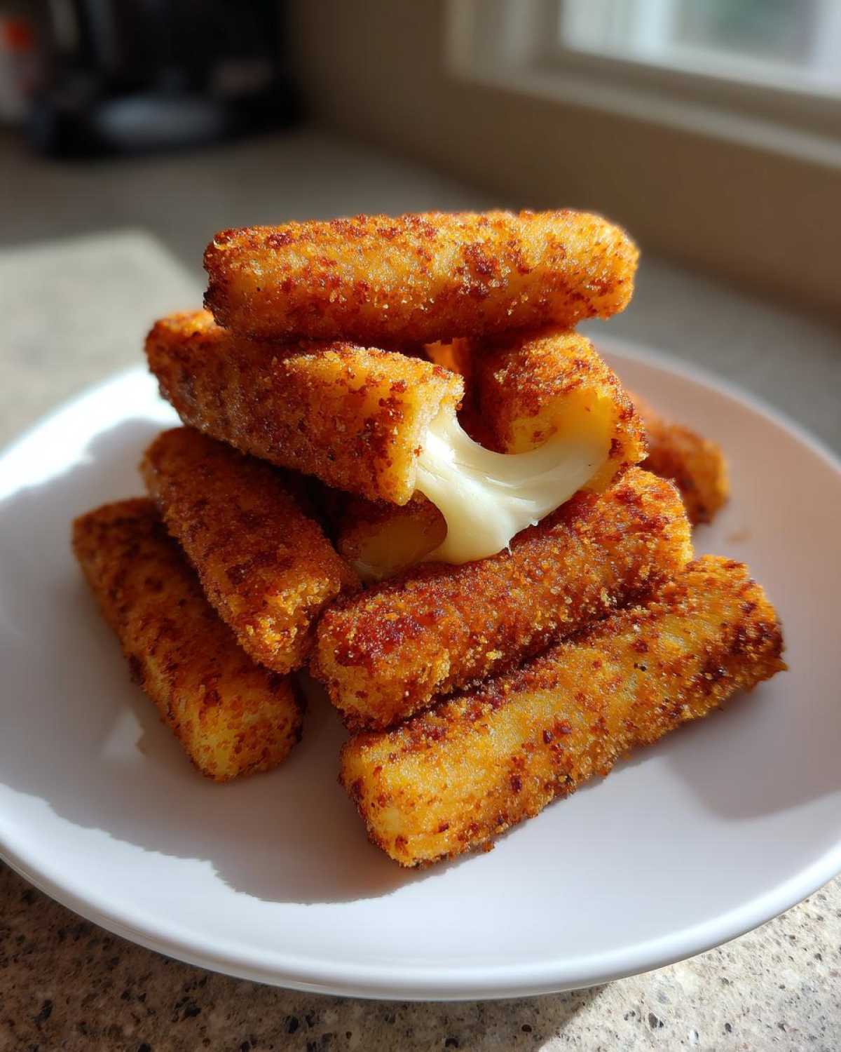A stack of golden brown Air Fryer Mozzarella Sticks on a white plate, with one stick broken open showing melted cheese.