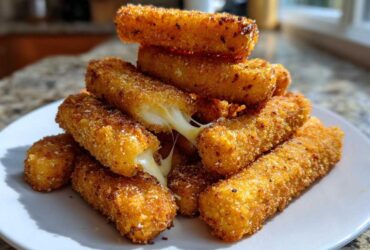 A stack of crispy, golden Air Fryer Mozzarella Sticks with melted cheese stretching between them.