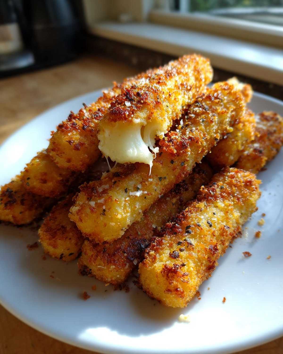 A pile of crispy, golden Air Fryer Mozzarella Sticks on a white plate, showing melted cheese stretching from one stick.