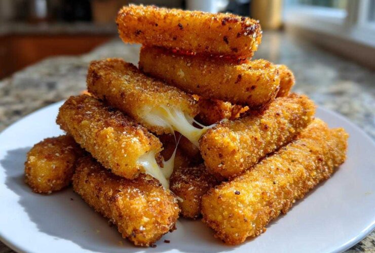 A stack of crispy, golden Air Fryer Mozzarella Sticks with melted cheese stretching between them.