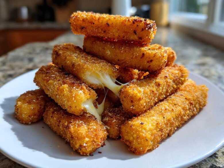 A stack of crispy, golden Air Fryer Mozzarella Sticks with melted cheese stretching between them.
