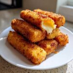 A stack of crispy, golden brown Air Fryer Mozzarella Sticks on a white plate, with one stick broken open showing melted cheese.