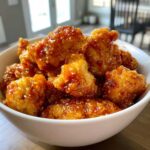 Close-up of crispy, glazed Air Fryer Orange Chicken pieces sprinkled with sesame seeds in a white bowl.