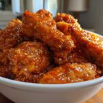 Close-up of crispy, glazed Air Fryer Orange Chicken pieces piled high in a white bowl.