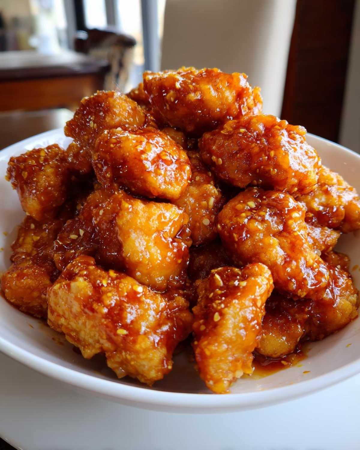 A close-up of a white bowl piled high with crispy, glazed Air Fryer Orange Chicken pieces sprinkled with sesame seeds.