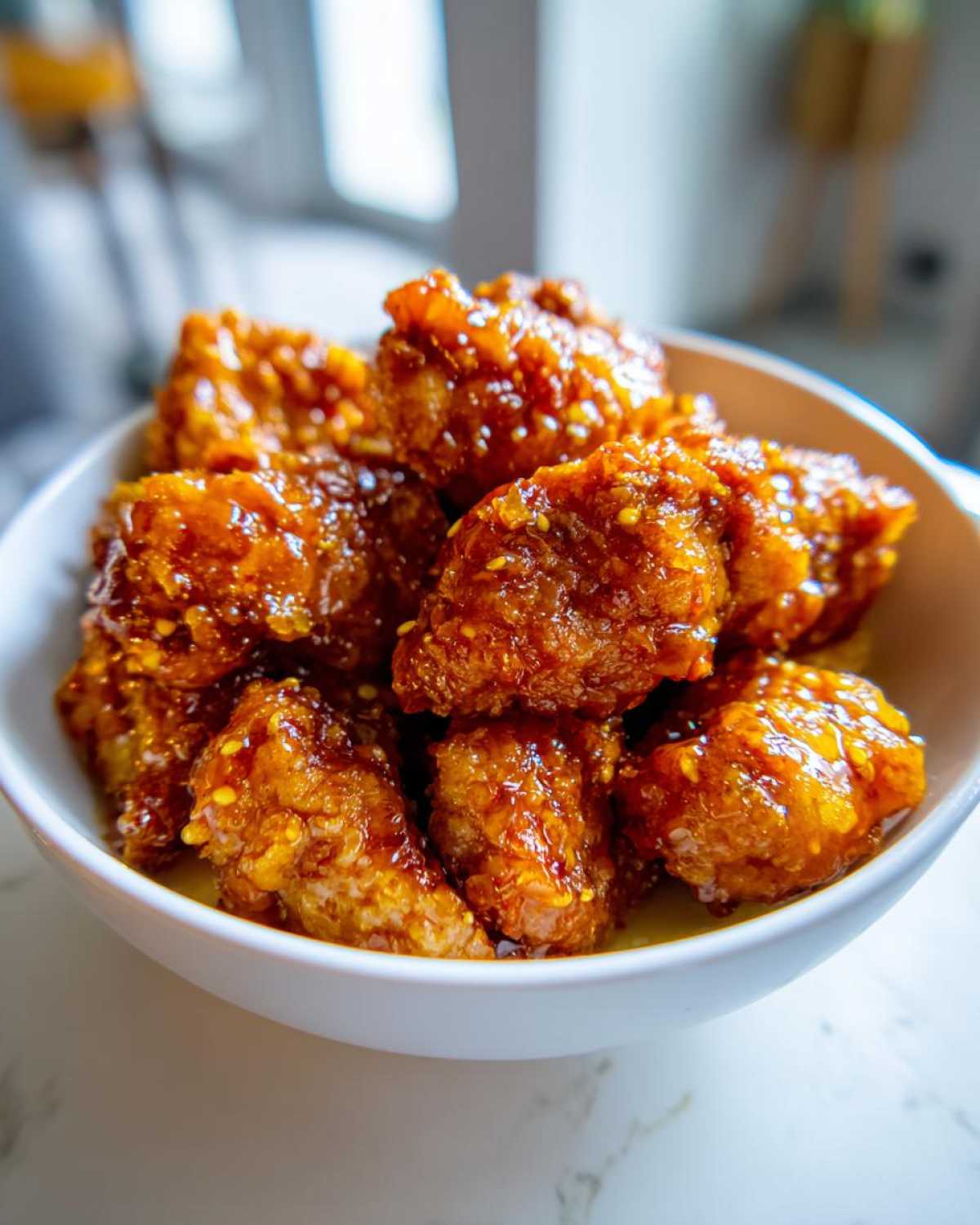 Close-up of crispy, glazed Air Fryer Orange Chicken pieces piled high in a white bowl.