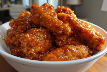 Close-up of crispy, glazed Air Fryer Orange Chicken pieces piled high in a white bowl.