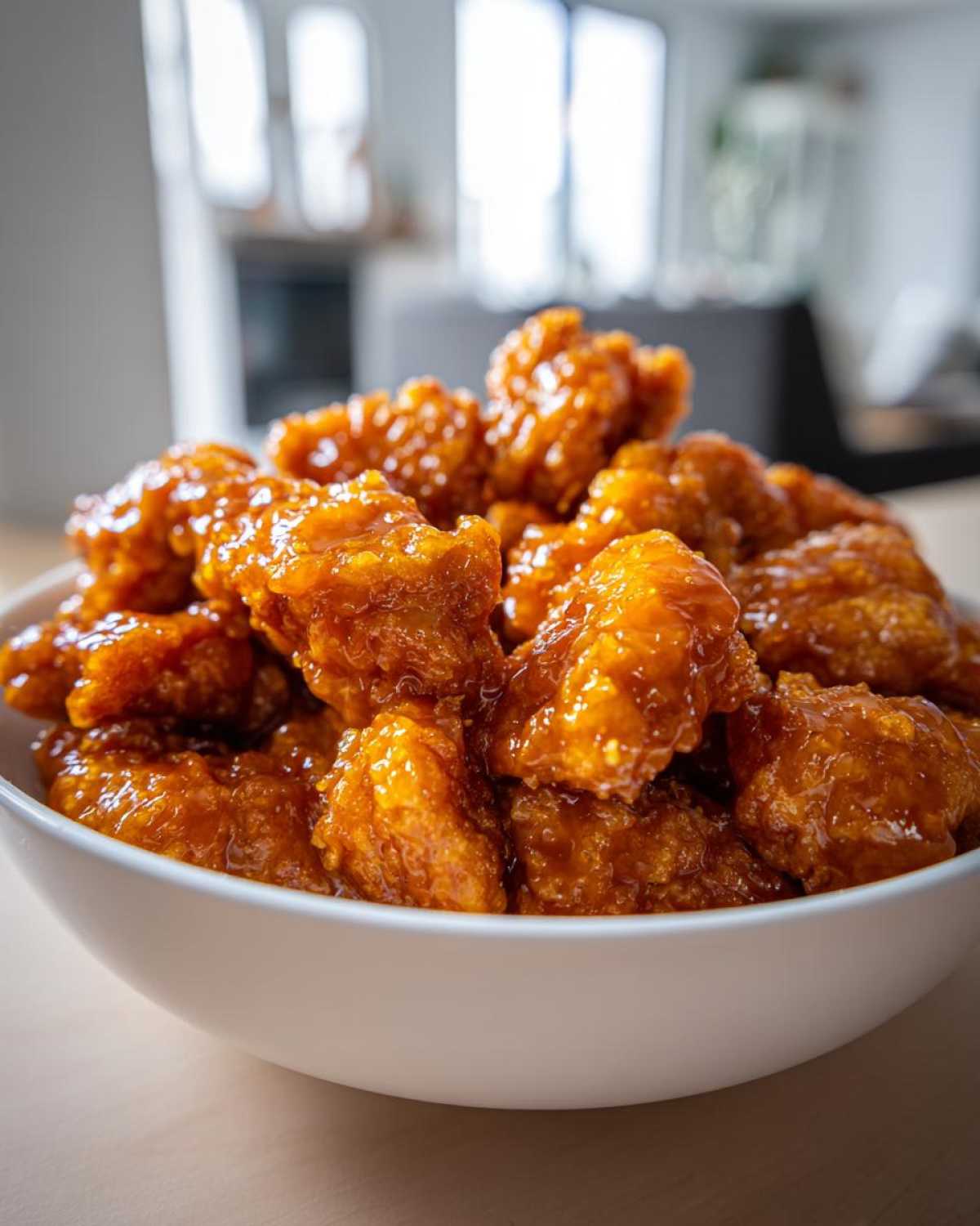 Close-up of crispy, glazed pieces of Air Fryer Orange Chicken piled high in a white bowl.
