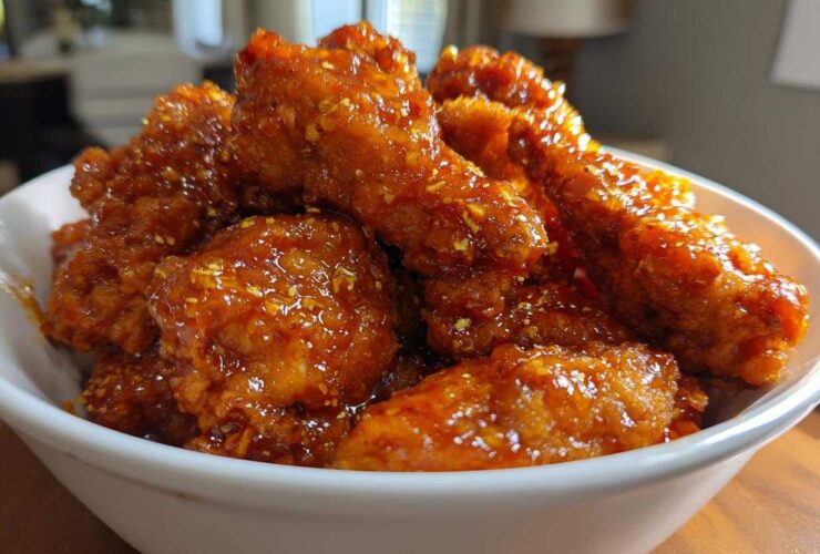 Close-up of crispy, glazed Air Fryer Orange Chicken pieces piled high in a white bowl.