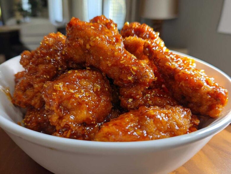 Close-up of crispy, glazed Air Fryer Orange Chicken pieces piled high in a white bowl.