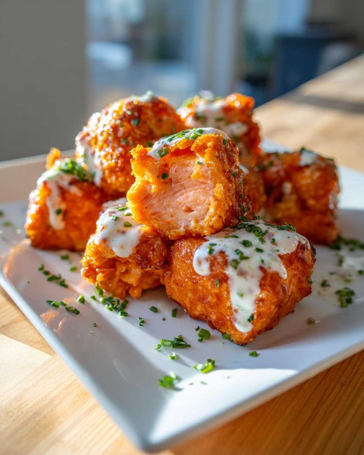 Close-up of crispy, orange-coated Air Fryer Salmon Bites drizzled with white Bang Bang Sauce and topped with chives.