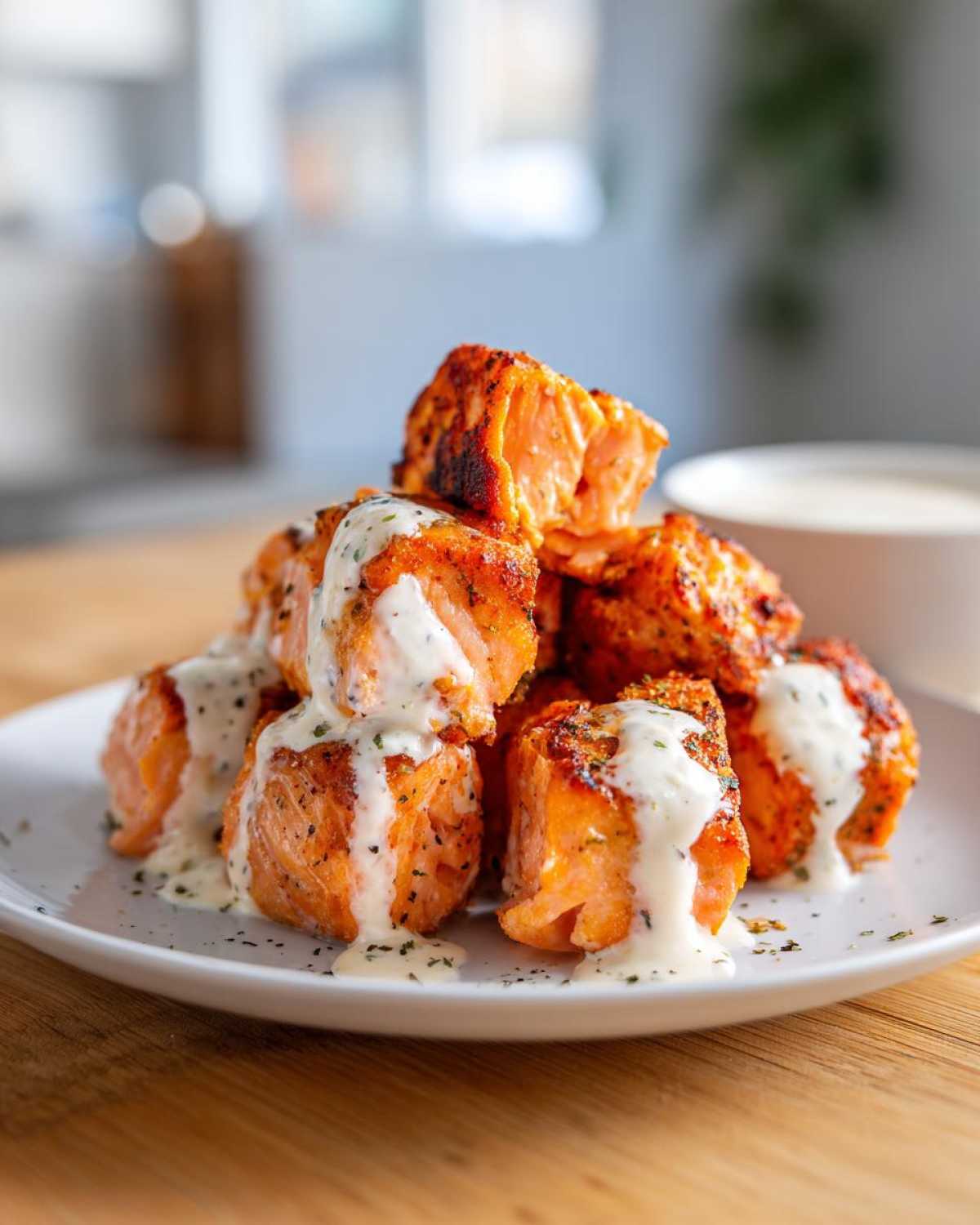 A stack of crispy Air Fryer Salmon Bites drizzled generously with creamy Bang Bang Sauce on a white plate.