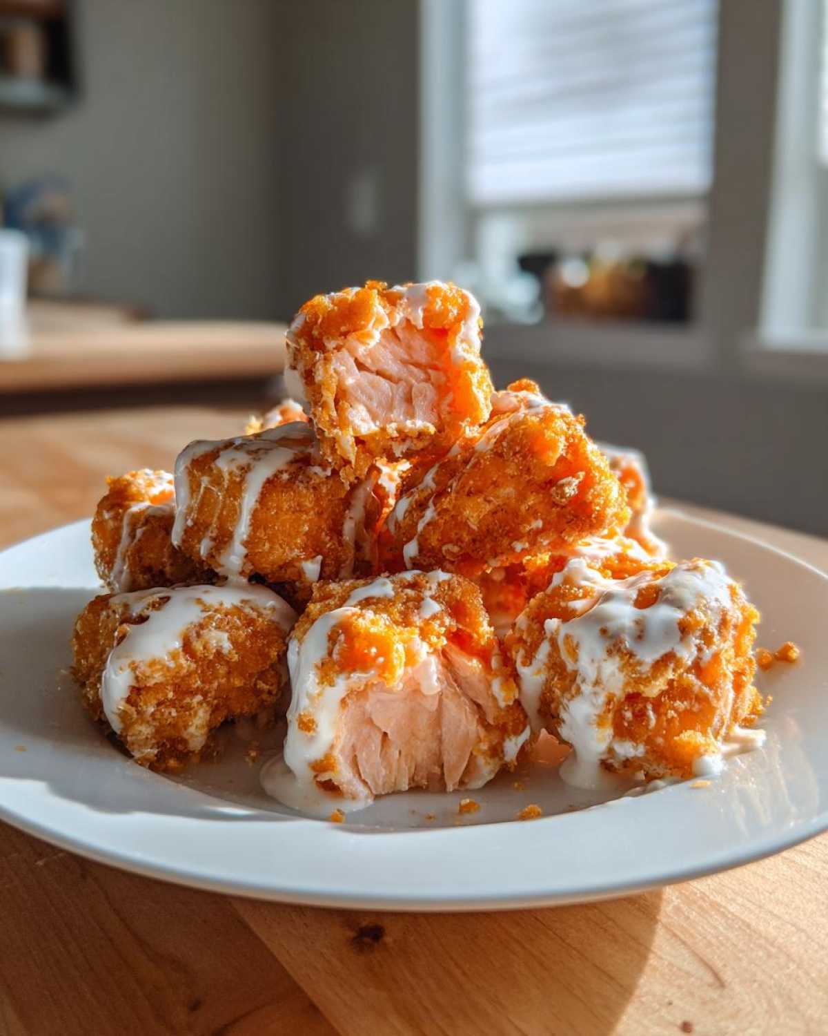 A stack of crispy Air Fryer Salmon Bites drizzled generously with white Bang Bang Sauce on a white plate.