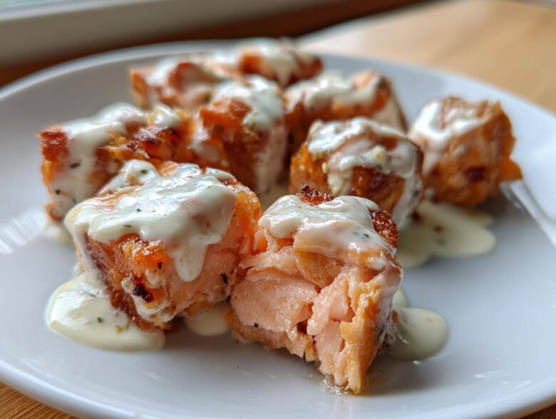 Close-up of flaky Air Fryer Salmon Bites covered in creamy Bang Bang Sauce on a white plate.