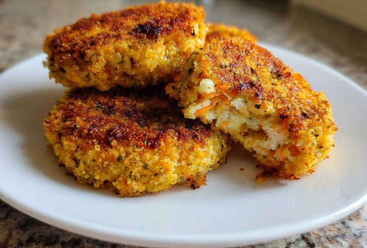 Close-up of three crispy, golden Air Fryer Salmon Patties stacked on a white plate, one is broken open showing the interior.