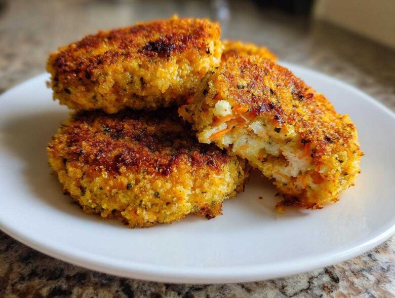 Close-up of three crispy, golden Air Fryer Salmon Patties stacked on a white plate, one is broken open showing the interior.
