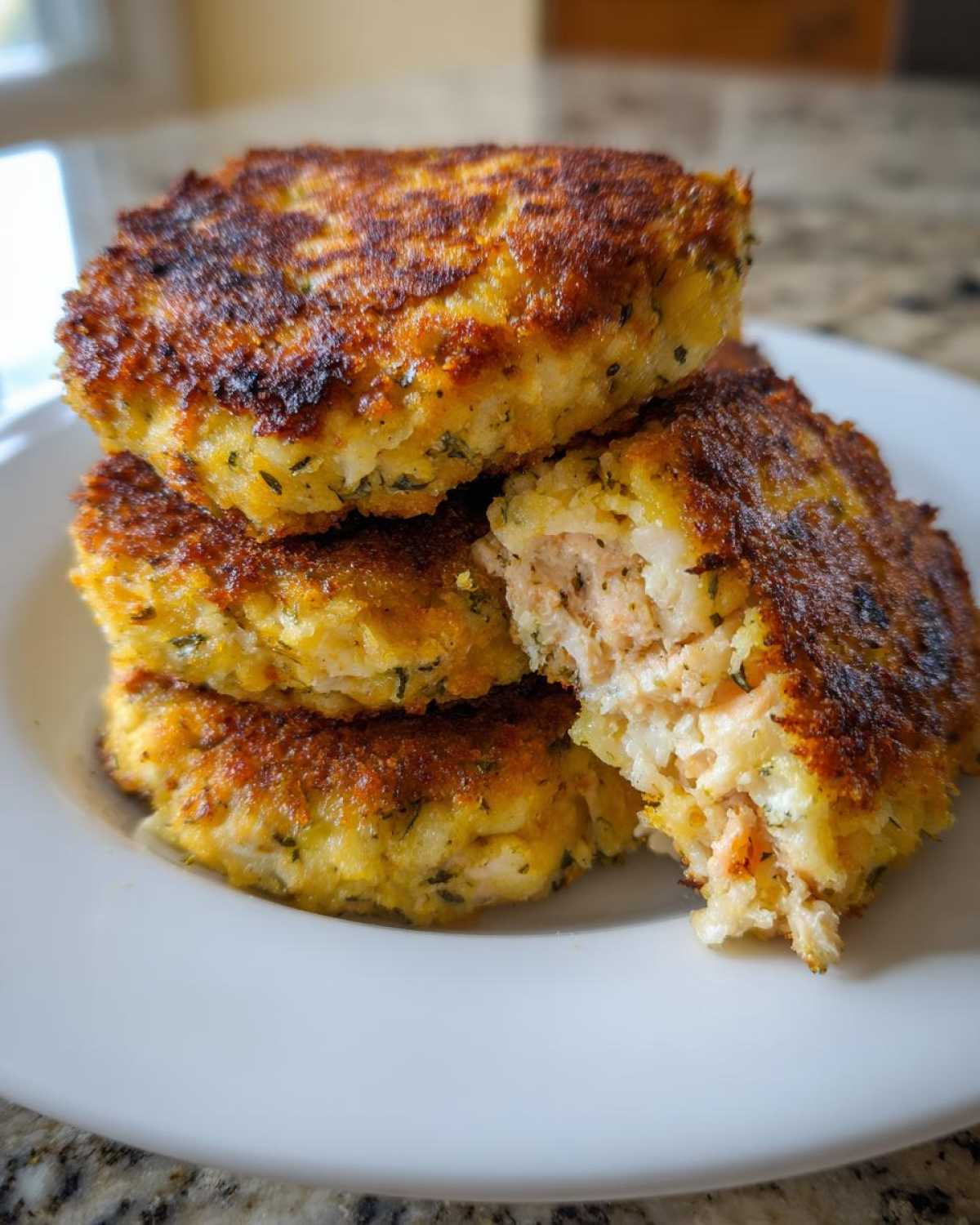 A stack of four golden-brown Air Fryer Salmon Patties, with one patty broken open showing the flaky salmon inside.