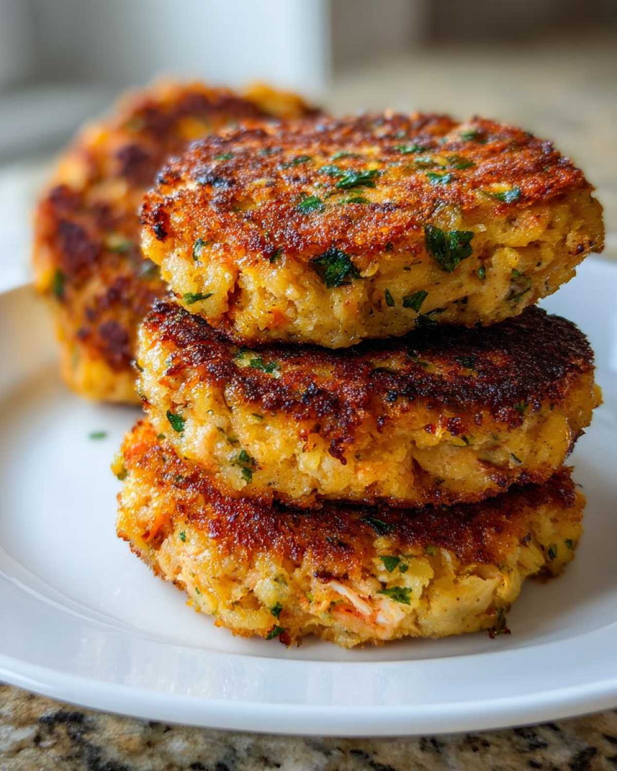 A stack of three perfectly golden brown Air Fryer Salmon Patties garnished with green herbs on a white plate.