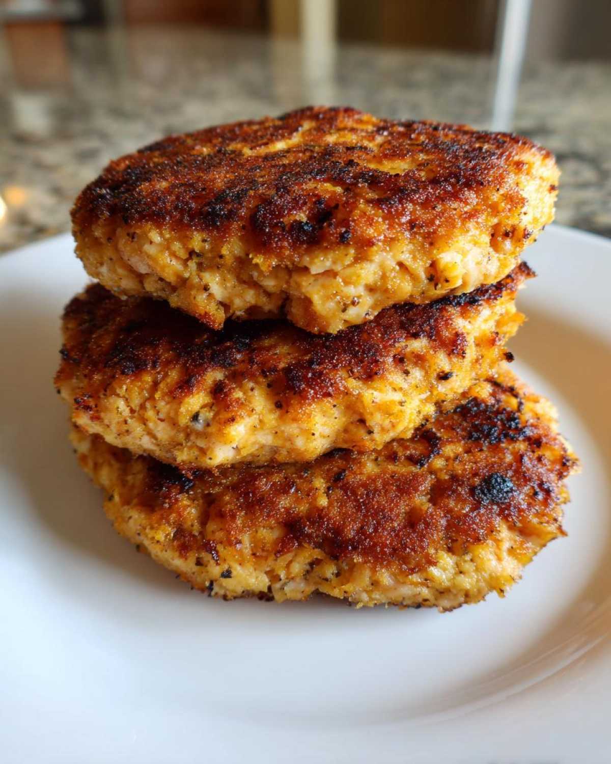 A stack of three golden-brown, crispy Air Fryer Salmon Patties resting on a white plate.
