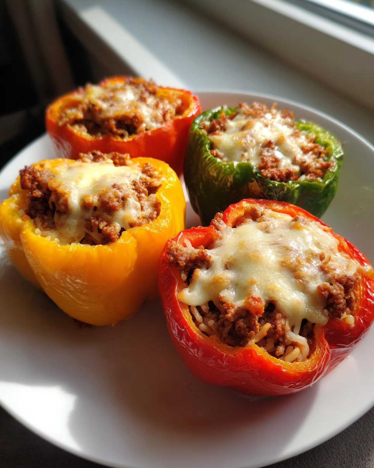 Four colorful Air Fryer Stuffed Bell Peppers (red, yellow, green) topped with melted cheese on a white plate.