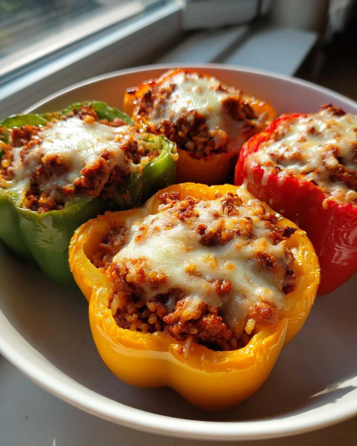 Four colorful Air Fryer Stuffed Bell Peppers (red, yellow, green) topped with melted cheese served on a white plate.