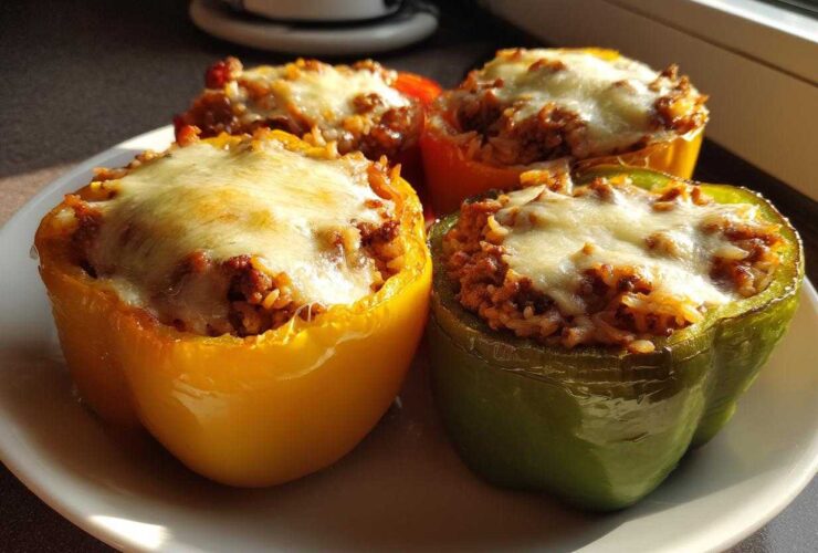 Four colorful Air Fryer Stuffed Bell Peppers, topped with melted mozzarella cheese, served on a white plate.