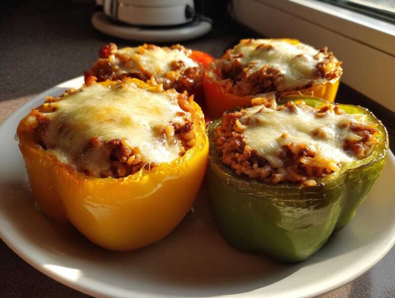 Four colorful Air Fryer Stuffed Bell Peppers, topped with melted mozzarella cheese, served on a white plate.
