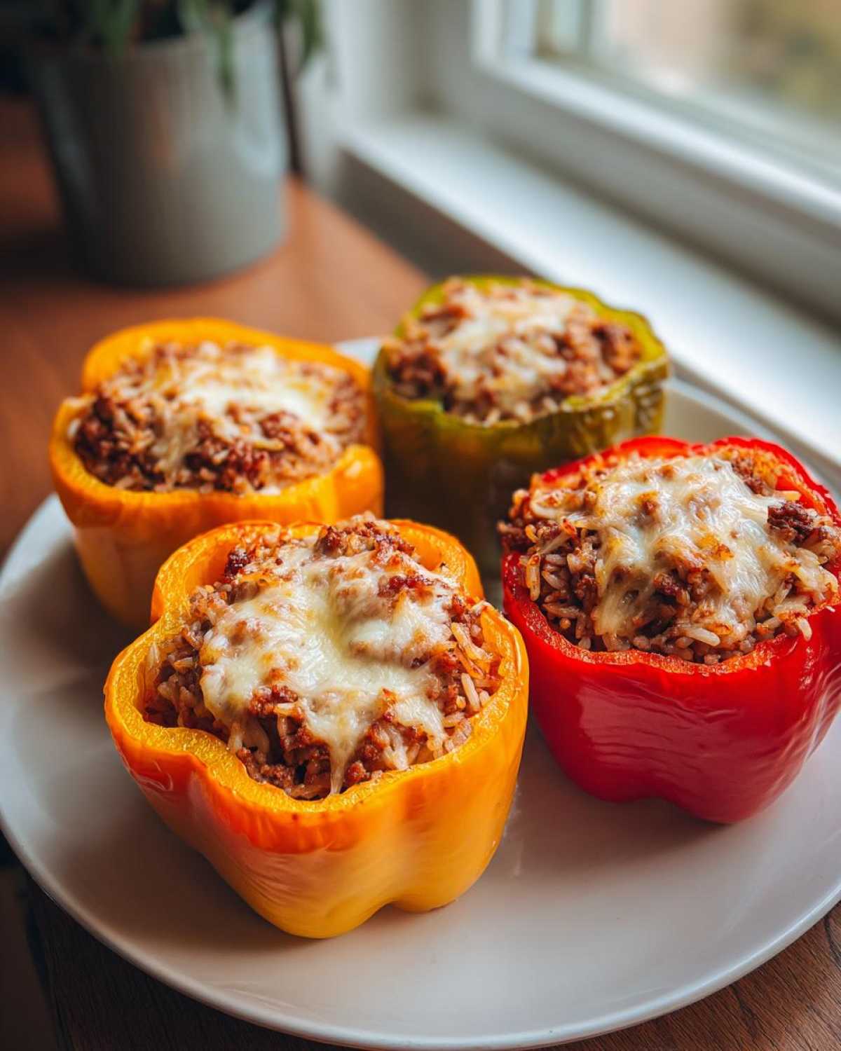 Four colorful Air Fryer Stuffed Bell Peppers, filled with meat and rice and topped with melted cheese, served on a white plate.