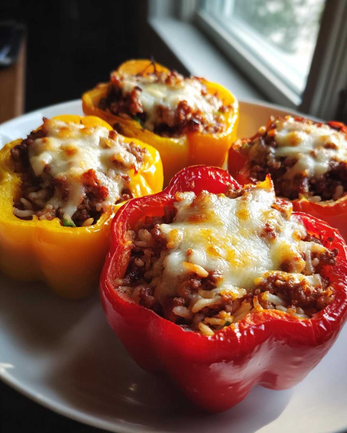 Four colorful Air Fryer Stuffed Bell Peppers, filled with meat and rice, topped with melted cheese.