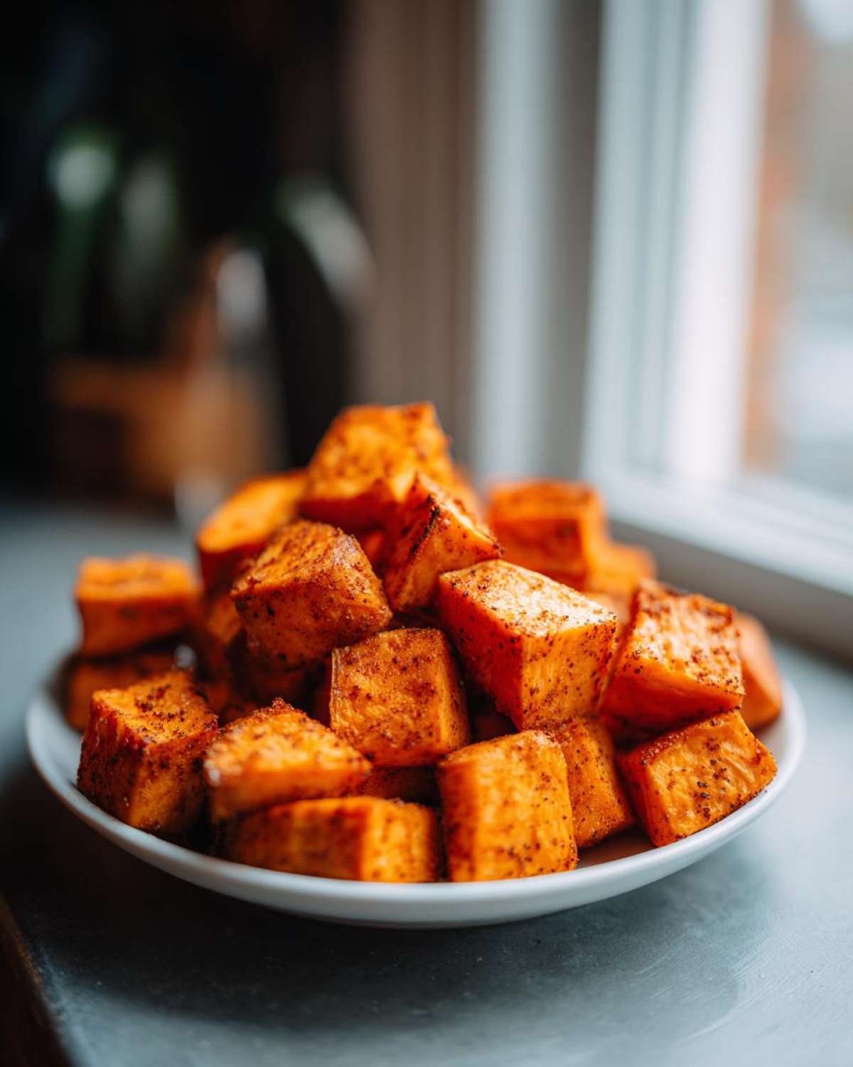 A close-up of a white bowl piled high with perfectly seasoned Air Fryer Sweet Potato Cubes.
